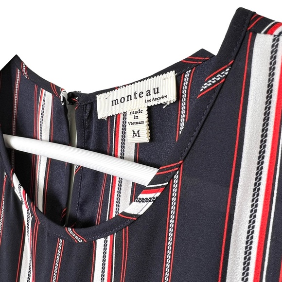 MONTEAU Striped Flutter Sleeve Front Bow Tie Blouse Navy Blue Red White Sz M - Picture 7 of 9